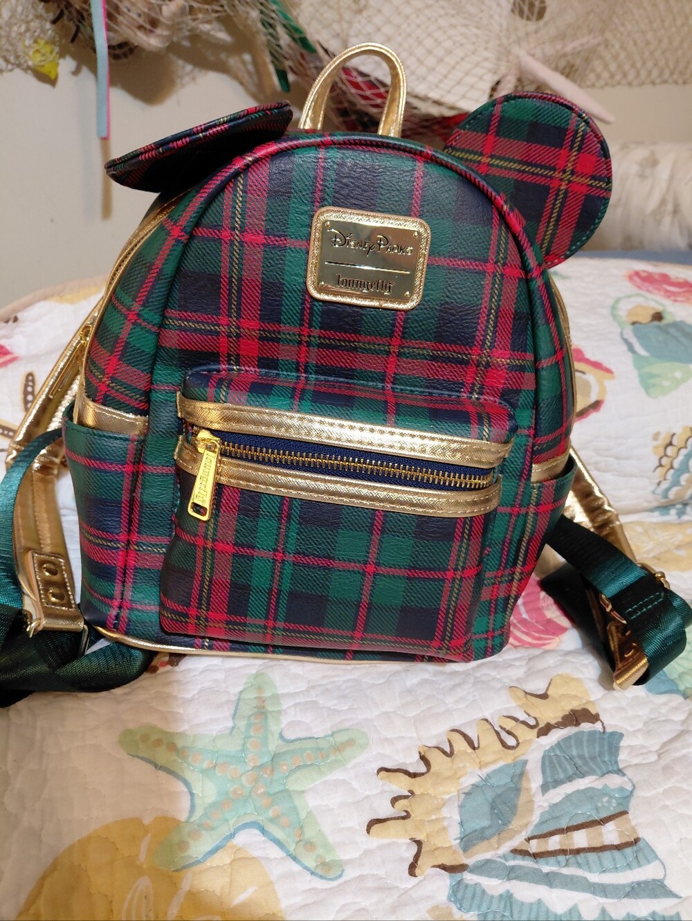 Disney Parks Christmas Holiday Plaid Loungefly Mini Backpack 2025 Gold Red Green